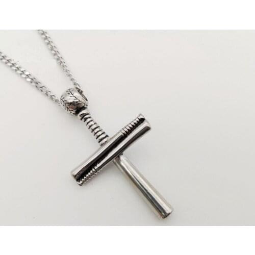 2019 AW Vintage silver color Cross Baseball bat pendant necklace 316L Stainless steel men cool Baseball bat cross sport necklace