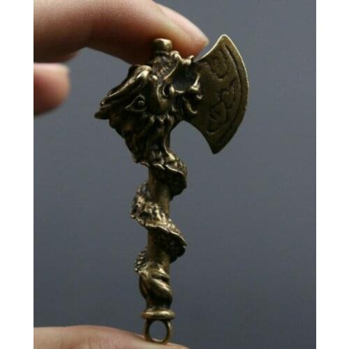 61MM Small Curio Chinese Bronze Animal 12 Zodiac Year Dragon Coil Axe Ax Pendant