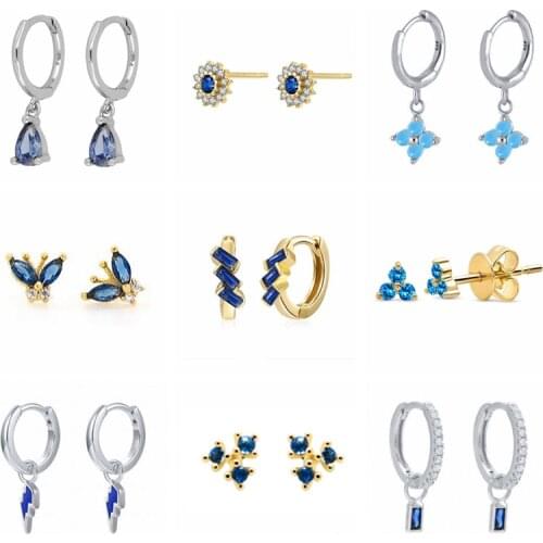 GS 925 Sterling Silver Blue Rhinestone Series Stud Earrings For Women Girls Zircon Pendant Flower Butterfly Ear Stud Jewelry