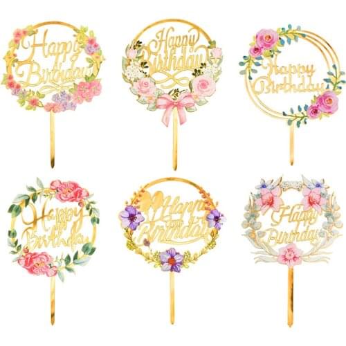 Acrylic Flowers Happy Birthday Cake Topper For Baking Dessert Cake Decorations Baby Shower Kids Birthday Party Decor Supplies