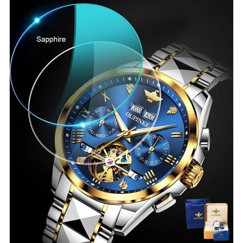 OUPINKE Men Automatic Watch Sapphire Crystal Luxury Mechanical Wristwatch Waterproof Tungsten Steel Watch Men relogio masculino
