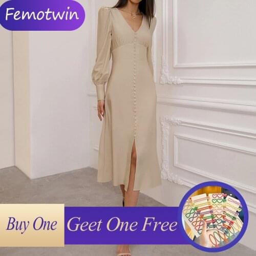 Femotwin Elegant V-Neck Women Dress Fashion Buttons Lantern Long Sleeve Dress Office Lady Solid High Waist Autumn Midi Dress New