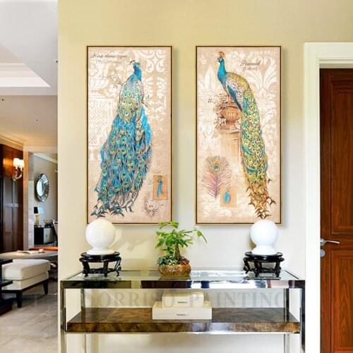 Europe Peacock Vertical Canvas Painting Corridor Wall Art Home Porch Decor Hallway Posters Prints Pictures For Living Room