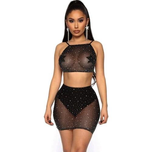 Hot Black Shiny Rhinestones Mini Skirt Sexy See Through Hollow Plus Size Skirt Women Party Skirts Clubwear Chic Summer Beachwear