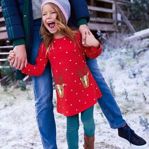 Jumping meters 2-7T Children girls dresses applique deer kids dress long sleeve polka dot red dress gift Christmas dress girl