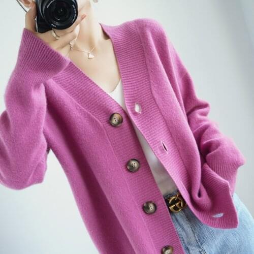 Hot Sale Autumn Winter New Fashion Cashmere Sweater Womens V-Neck Cardigan Coat Female Solid Loose Large Size Knitted Tops