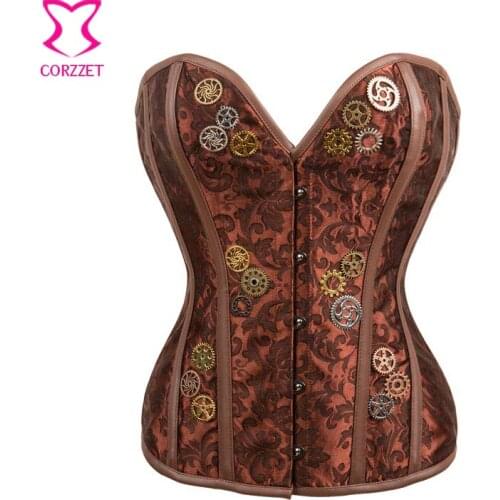 Brown Brocade & Metal Gear Overbust Steel Boned Corset Steampunk Gothic Clothing Vintage Bustier Sexy Corseletes E Espartilhos