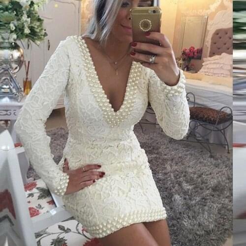 Short Cocktail Dress long sleeves pearls white Mini Prom Dress Women Formal Wear Vestidos Lace Appliques Mermaid Party Dress