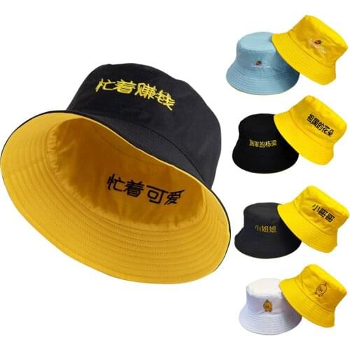 Hat Summer Student Double-Sided Basin Cap Fisherman Hat Chinese Embroidery Sun Hats Foldable Cotton -OPK