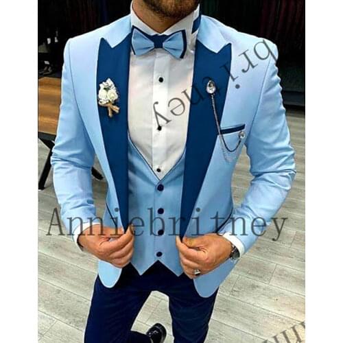 2021 Peak Lapel Mens Suit Formal Business Slim Fit 3-Pieces Blue Blazers Black Pants Mens Tuxedo Wedding Men Suits Groom Suit