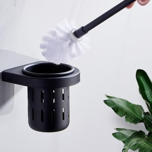 Punch-Free Toilet Brush Set Bathroom Toilet Bowl Brushes Space Aluminum Bathroom Toilet Brush with Cup Wall Hanging Black Holder