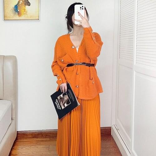 Autumn Sweater Coat 2021 New Outdoor British Style Loose V-neck Sweater Jacket Truien Cardigan Womens Clothes Orange Top