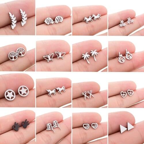 2021 Hip Hop Stainless Steel Leaf Flower Tree Ear Piercing Punk Jewelry Earrings Trendy Unisex Plant Earrings For Women Men