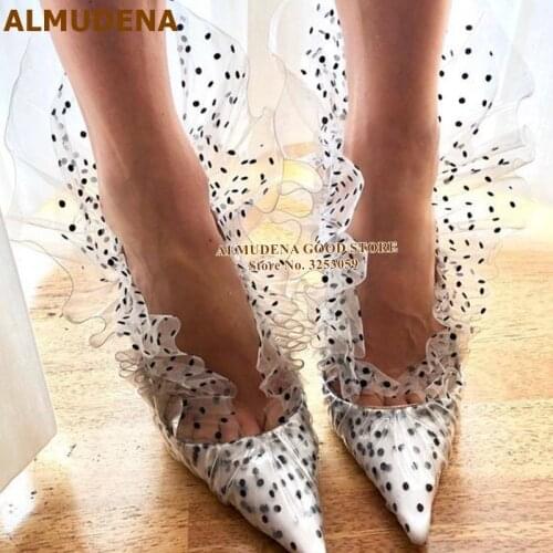 ALMUDENA Celebrity Polka Dots Clear PVC Pumps High Heels Pointed Toe Lotus Mesh Wedding Shoes White Black Floral Stage Shoes