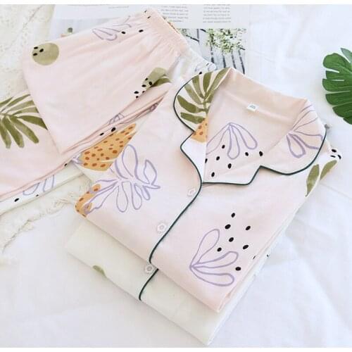 High Quality 100%cotton Pajamas for Women Home Suit Spring Knitted Sleepwear Cardigan Female Plus Size Loose Homewear Pyjamas