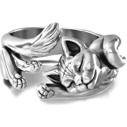 High Quality Vintage Unisex Sleeping Cats Opening Finger Ring Jewelry Gift for Friends