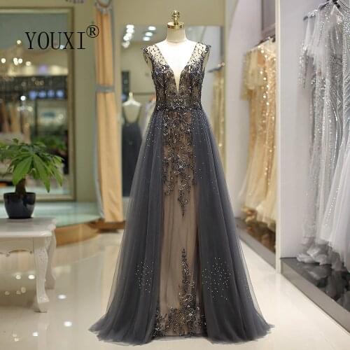 YOUXI Plunging V Neck Evening Dress Sparkly Rhinestone Beading Crystal Formal Gown Competition Dresses Long Robe De Soiree