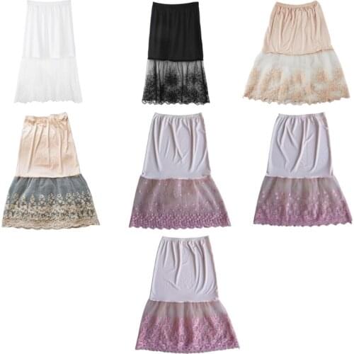 Womens High Waist Half Slip Skirts Extender Elastic Waist A-Line Swing Skirts Hollow Underskirt Solid Color Lace Trim Wedding P