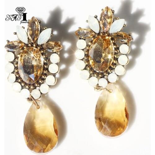 YaYi Jewelry Fashion Brown Glass Crystal Rhinestone Dangle Women Ancient Gold Color Wear Ear Band Long Tassel Earrings