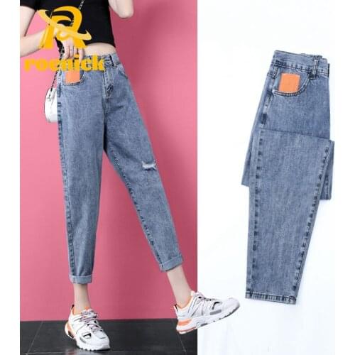 ROENICK Womens Jeans Hole Ankle-Length Haren Pants High Waist Thin Trousers Fashion Streetwear Harajuku Korean Spring Summer