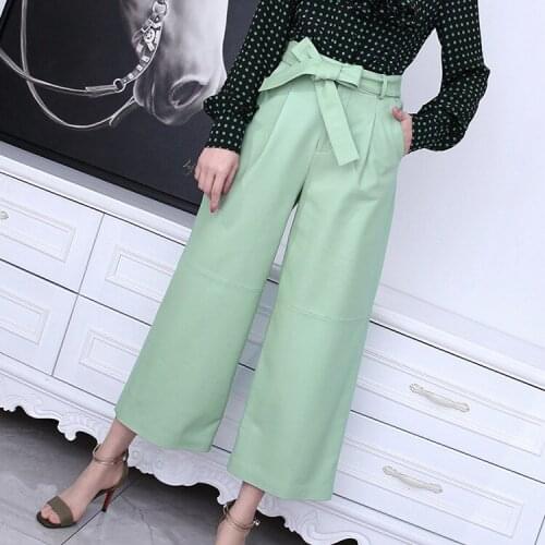 Spring Autumn 2021 New Designer womens bowtie High-rise leather pants High quality genuine leather wide-leg pants C478