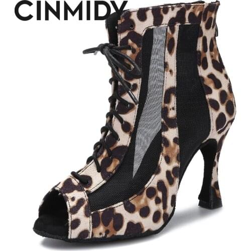 Leopard Latin Dance Shoes For Women Ballroom Mesh Dance Boots Waltz Tango Pole Dance Shoes Sexy Belly Dance Shoes CINMIDY