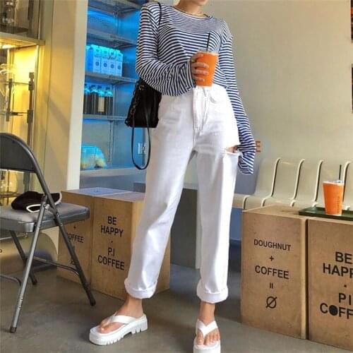 2021 New Style Women Summer Ripped Jeans Ladies Solid Color High Waist Wide-leg Pants with Pockets White Casual Loose Trouser