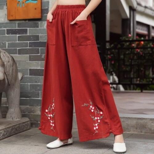 Plus Size Women Cotton Pants Embroider Elastic Waist Loose Casual White Wide Leg Pants Chinese Style Cotton Linen Trousers 12720