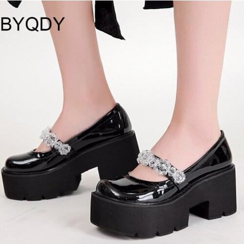 BYQDY Retro Round Toe Mary Jane Shoes Woman Crystal Chain Square Heel Loafers Slip On Street Lolita Shoes Girls Light Comfort