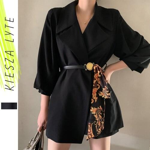 Retro blazer jacket for women printed patchwork belt lantern sleeve thin black blazers runway fashion office lady summer outfit