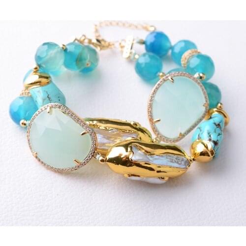 2 Rows Blue Faceted Agate Turquoise Cultured White Biwa Pearl Crystal Bracelet lady Jewelry