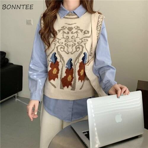 Sweater Vest V-Neck Printed Korean Style College Elegant Loose All Match Leisure Female Fashion Sleeveless Streetwear Autumn