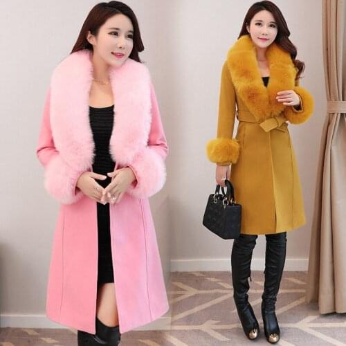 Size Plus Woolen Coat Faux Fur Collar Jackets For Women Winter 2020 Long Yellow Wool Coats Ladies Casaco Feminino KJ219