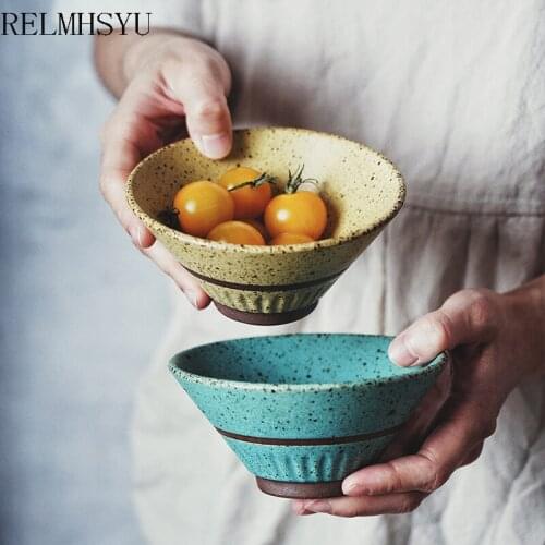 1PC RELMHSYU European Style Ceramic Stoneware Retro Handmade Rice Ramen Dinner Bowl Simple Tableware