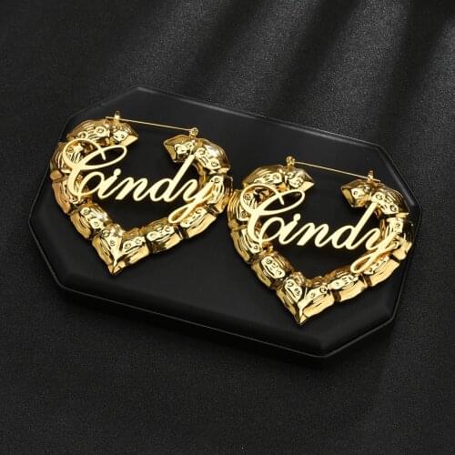 Bamboo Custom Name Personalized Letter Punk Hoop Nameplate Hip Hop Round Bamboo Hoop-earrings Heart Earrings Studs Jewelry Gifts