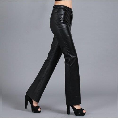 Brand Womens Genuine Leather Pants 2020 Slim Fit Fashion Sheepskin Flare Trousers Designer Office Lady Black Pants Plus Size