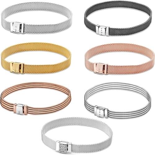 Lomeo 100% Sterling Silver pan Reflexions Oxidised Mesh Multi Snake Chain Original DIY Bracelet European woman jewelry brands