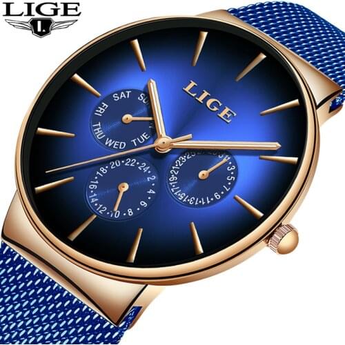 Relogio Masculino LIGE New Blue Clock Mens Watches Top Brand Luxury Casual Mesh Belt Stainless Steel Quartz Watch For Men+Box