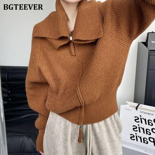 BGTEEVER Autumn Winter Thicken Loose Women Knitted Cardigans Casual Lapel Full Sleeve Zipper Up Ladies Open Stitch Sweaters 2021