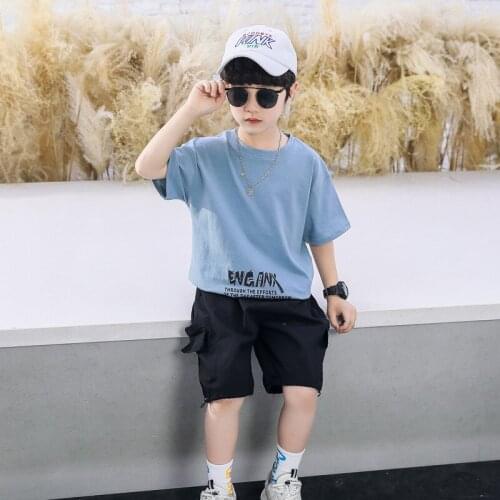 Kids boys summer 2pcs suit new short-sleeved T-shirt shorts new big virgin shirt 4-12 years old