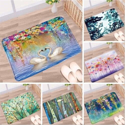 Flower Plant Bathroom Mat Watercolor Tree Love Heart Swan Leaf Forest Scenery Anti-Slip Rug Toilet kitchen Doorway Aisle Carpets