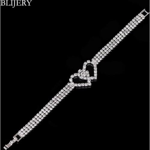 BLIJERY Silver Color Rhinestone Crystal Bracelets For Women Double Heart Link Bridal Bracelets & Bangles Femme Wedding Jewelry