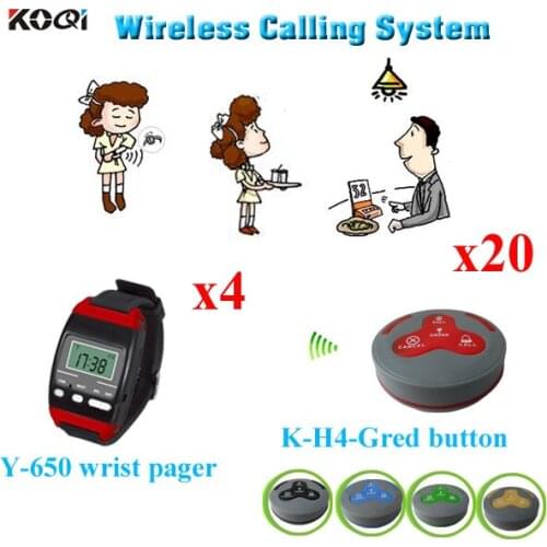 Kitchen Call Bell System Wireless Pager Equipment 4pcs Watch Y-650 With 20pcs Bell Buzzer K-H4-Gred
