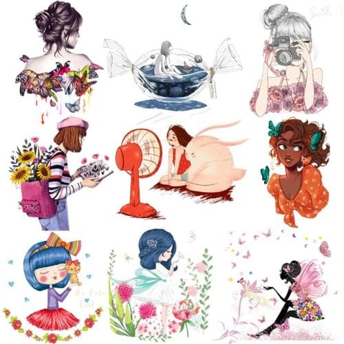 Prajna Cartoon Girl Patches Butterfly Iron On Patches For Clothing Heart Transfer Cute Patch Thermal Sticker On Clothes Applique