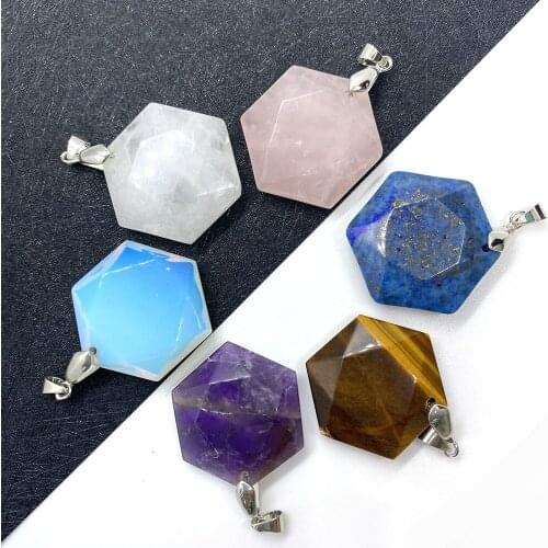 Natural Stone, Tigers Eye, Amethyst, Hexagonal Faceted Pendant for DIY Jewelry Making, Necklace and Bracelet, Size 31mm