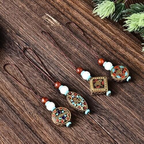 Nepalese Handmade Beaded Mobile Phone Chain 17 Types for Choice Clay Brass Inlaid Bead Pendant DIY Ethnic Style Key Ring Pendant