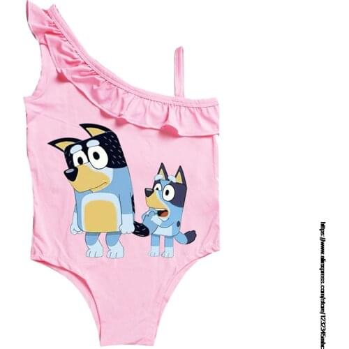 Bingo bluey New Childrens Swimwear Girls Shoulder-shoulder One-piece Swimsuit Girls Swimwear Cap Girl Swimsuit