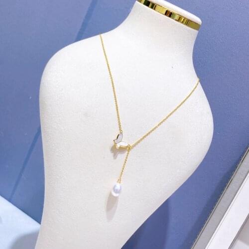New Natural Freshwater Waterdrop Pearl Necklace Chain Y Design Chain With Butterfly Decoration Jewelry