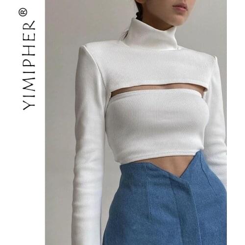 Fall 2-pieces Set Ribbing Knitted Turtleneck Casual Long Sleeve T-shirt Hollow Out Top Women Skinny Winter Slim Female Clothing