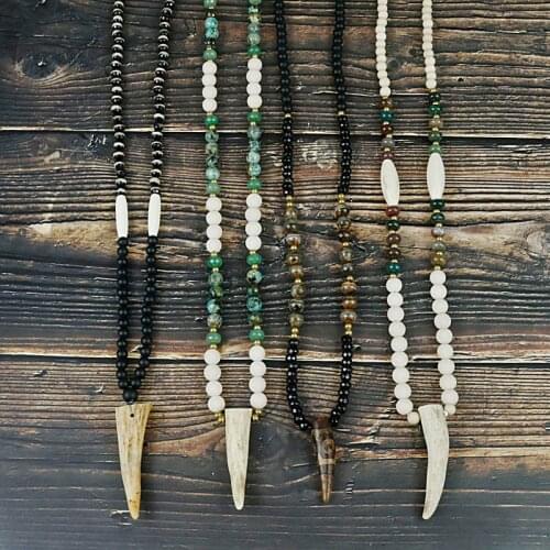 Handmade Vintage Stone Necklace Deer Horn Pendant Necklace For Women Ethnic Tribal Long Horn Necklace Men Jewelry ING-03